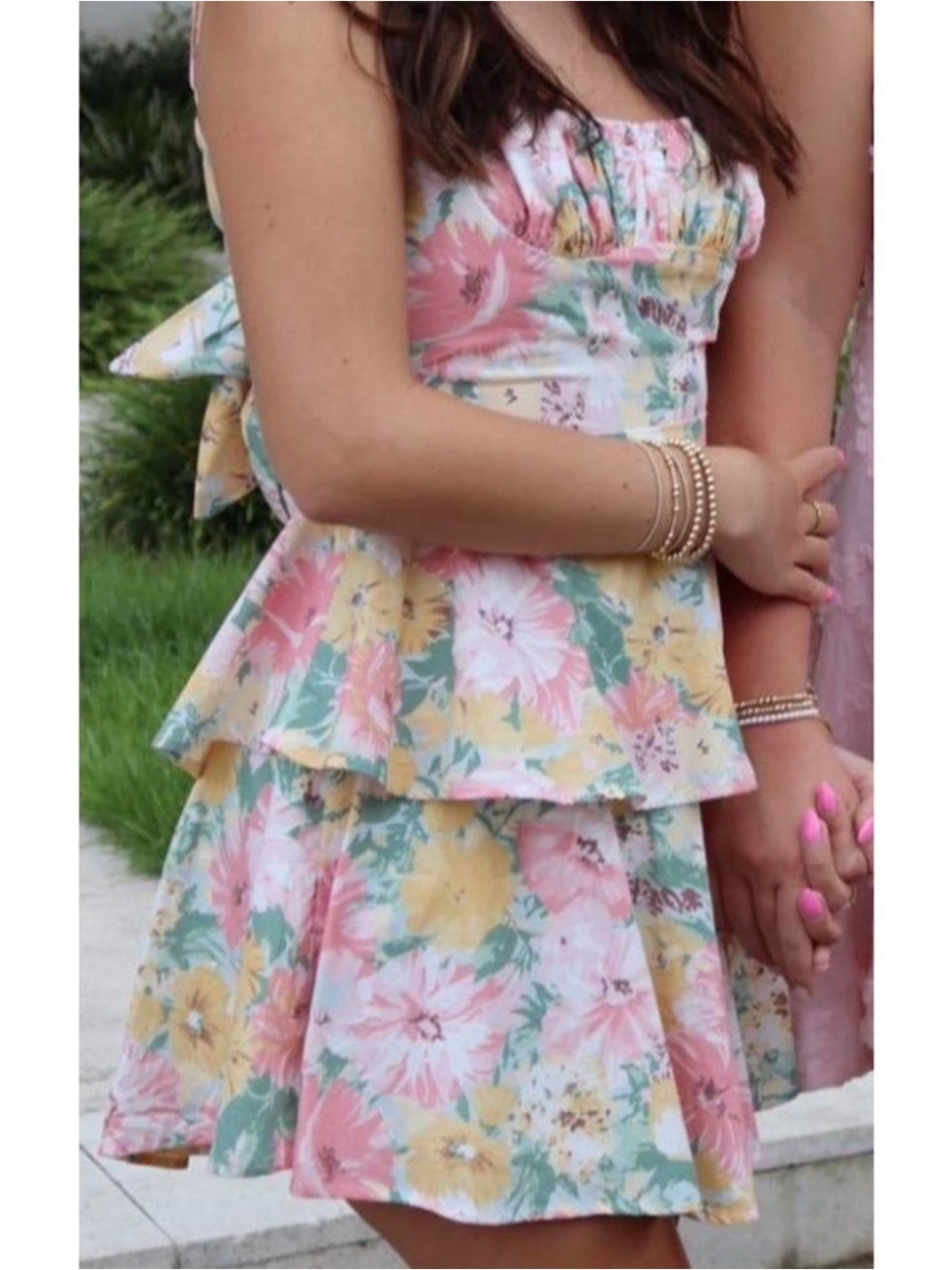 Hello Molly Pastel Floral Tiered Mini Dress - Pink, Yellow, Green